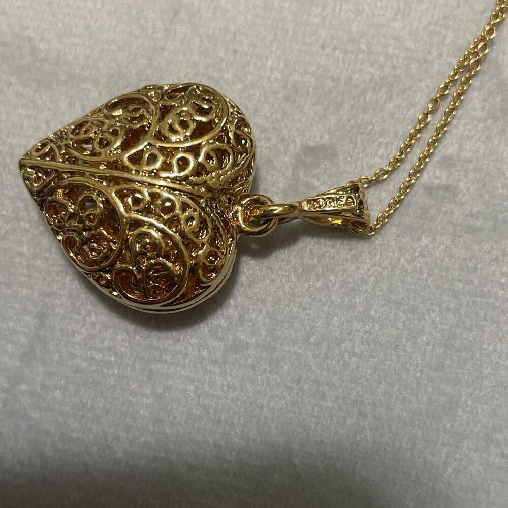 Large Hallow Filigree Gold Heart Pendant on Gold Chain 16 Inches